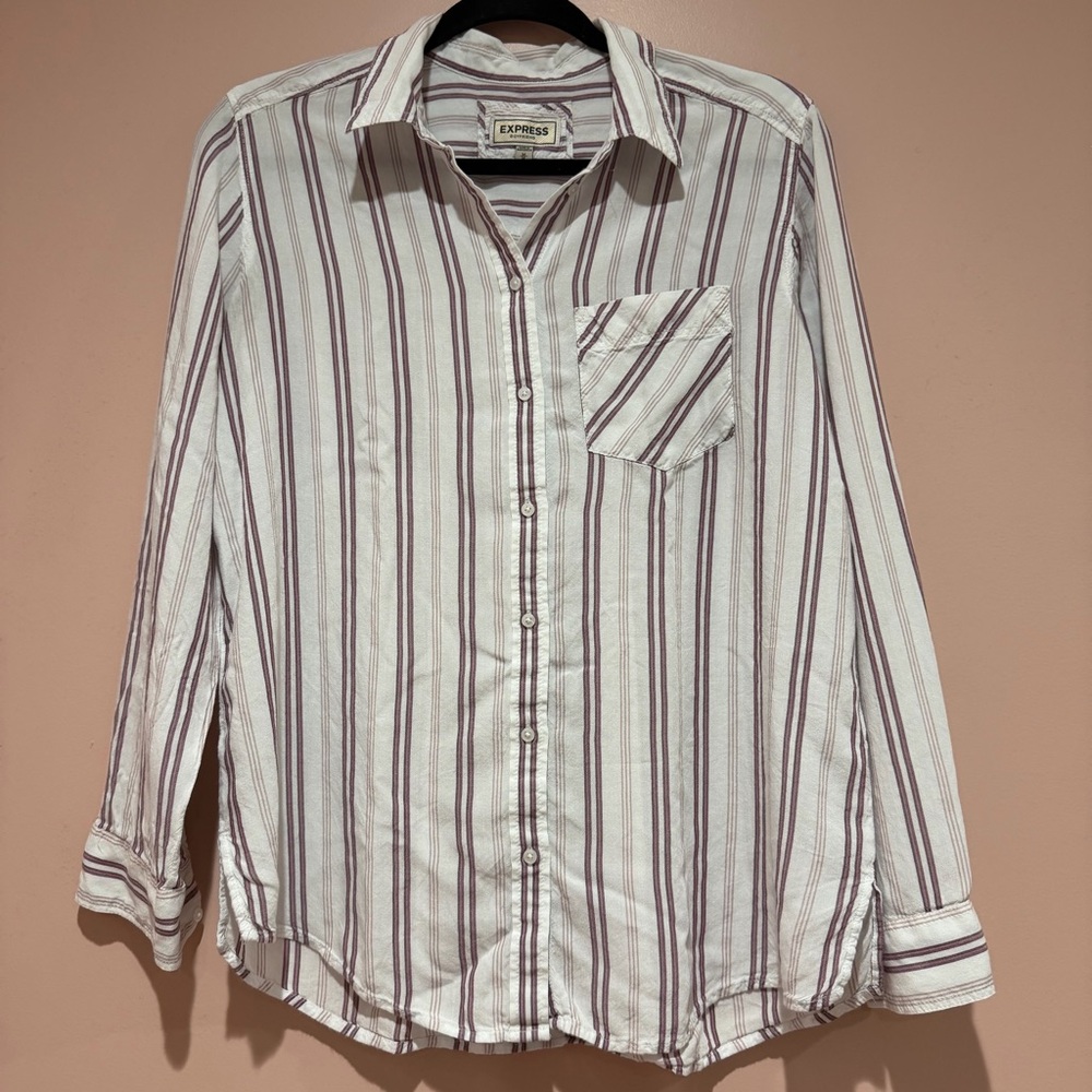 Vintage Express Women's Striped Button-Down Shirt in White and Brown